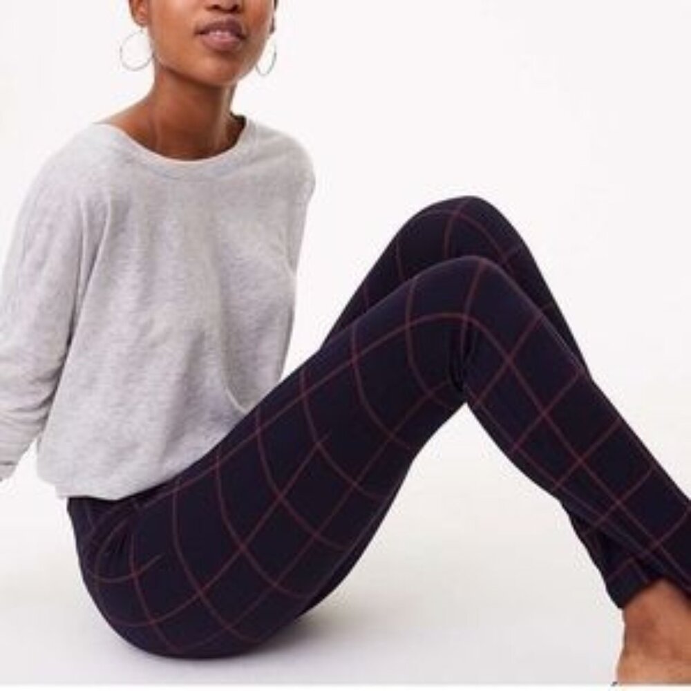 LOFT Petite Ponte Leggings Navy Red Windowpane Print